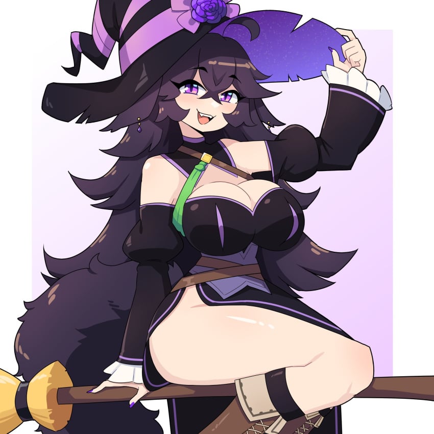 1girls big_breasts black_hair broom_riding commission female female_only furry_tail halloween hi_res j5daigada long_hair looking_at_viewer purple_eyes smiling smiling_at_viewer solo solo_female tail witch witch_hat