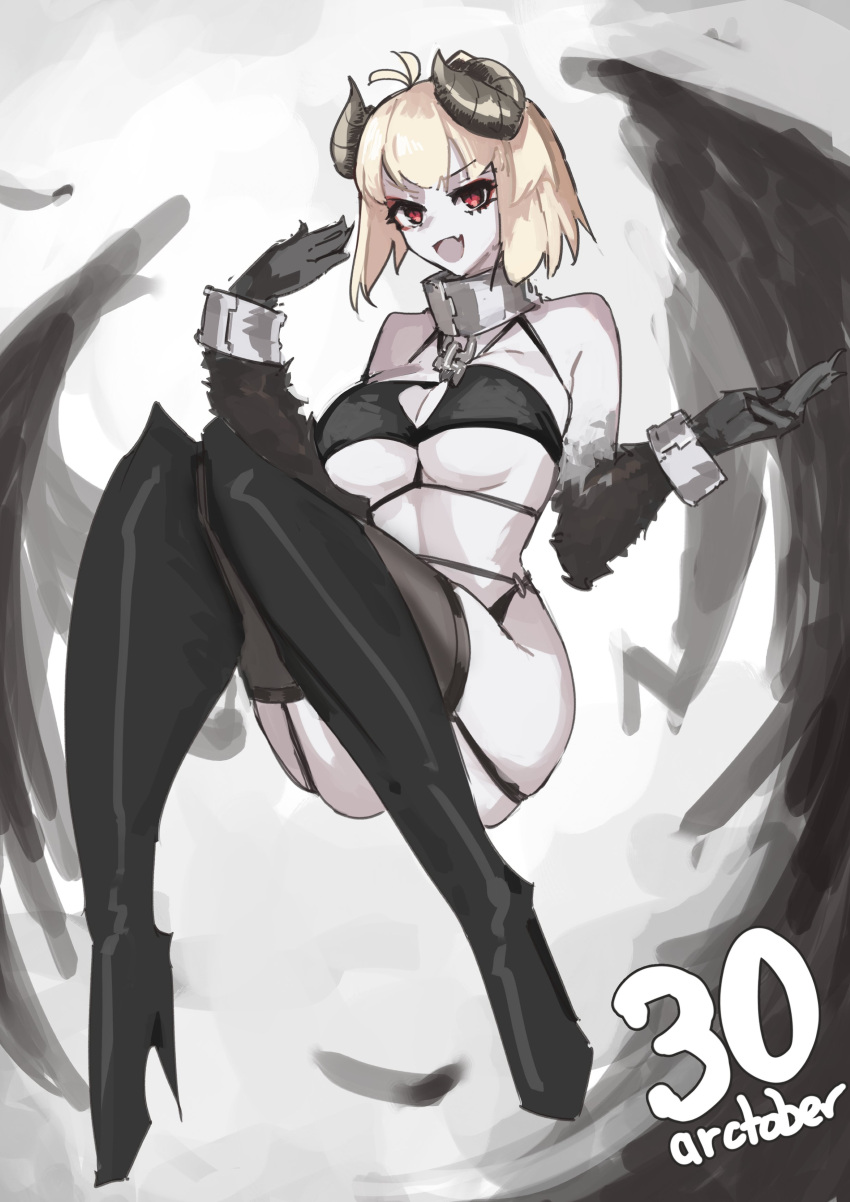 absurdres alternate_costume antenna_hair arcueid_brunestud big_breasts black_footwear black_gloves black_thighhighs black_wings blonde_hair boots breasts commentary english_commentary female floating full_body garter_straps gloves halloween halloween_costume high_heel_boots high_heels highres horns jonyeld knee_boots large_breasts open_mouth red_eyes short_hair skin_fang skindentation smile solo thighhighs tsukihime wings