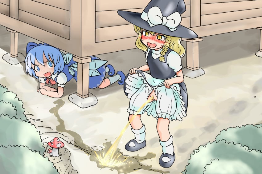 2girls apron blonde_hair bloomers blue_bow blue_dress blue_hair bow braid cirno clothes_lift crotchless crotchless_bloomers dress dress_lift garara hairbow hat hat_bow highres ice ice_wings kirisame_marisa lifting_own_clothes multiple_girls peeing pussy side_braid single_braid touhou uncensored urine wings witch_hat