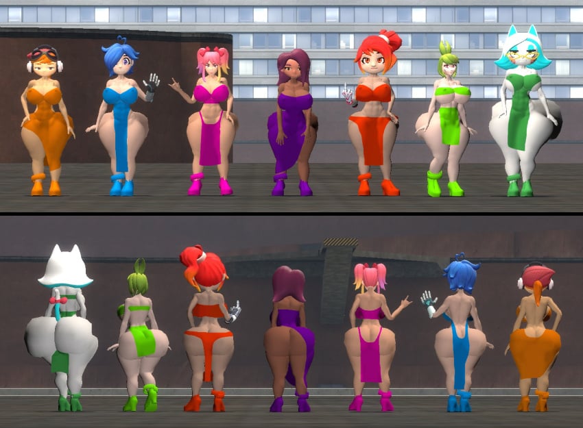 7girls amputated_arm aqua_hair ass back_view backless_dress backless_outfit bandeau beanie belle_fontiere bending_over big_ass big_butt blue_dress blue_hair blue_high_heels breasts bubble_butt butt_crack cleavage desti_(smg4) dress front_view green_dress green_hair green_high_heels headphones high_heels huge_ass kaibernation karen_(smg4) light-green_dress light-green_high_heels long_hair looking_at_viewer mechanical mechanical_arm meggy_spletzer melony_(smg4) meta_runner middle_finger midriff multicolored_hair navel nipple_bulge no_panties orange_dress orange_hair orange_high_heels pink_dress pink_hair pink_high_heels ponytail purple_dress purple_hair purple_high_heels red_dress red_hair red_high_heels saiko_bichitaru_(smg4) sexy_dress short_hair smg4 strapless strapless_dress tari_(smg4) twintails white_hair wide_hips