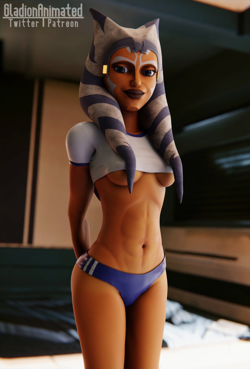 1girls 3d 3d_(artwork) abs ahsoka_tano airress3d_(3d-modeller) alien alien_girl alternate_costume ass athletic_female blender blender_(software) blue_eyes eye_contact fit fit_female gladionanimated hands_behind_back lekku looking_at_viewer montrals nipples nipples_covered orange_body orange_skin panties petite posing small_ass small_breasts smile smiling smiling_at_viewer solo solo_female solo_focus standing star_wars text the_clone_wars:_season_seven tight_clothing togruta underboob underwear