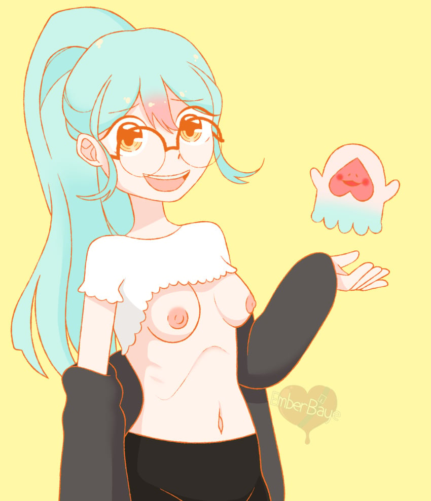 aqua_hair black_jacket black_leggings breasts_out emberbaye frills mascot no_bra peachgwisin pink_highlights ponytail round_glasses shirt_lift smile storytime_animation white_shirt youtube