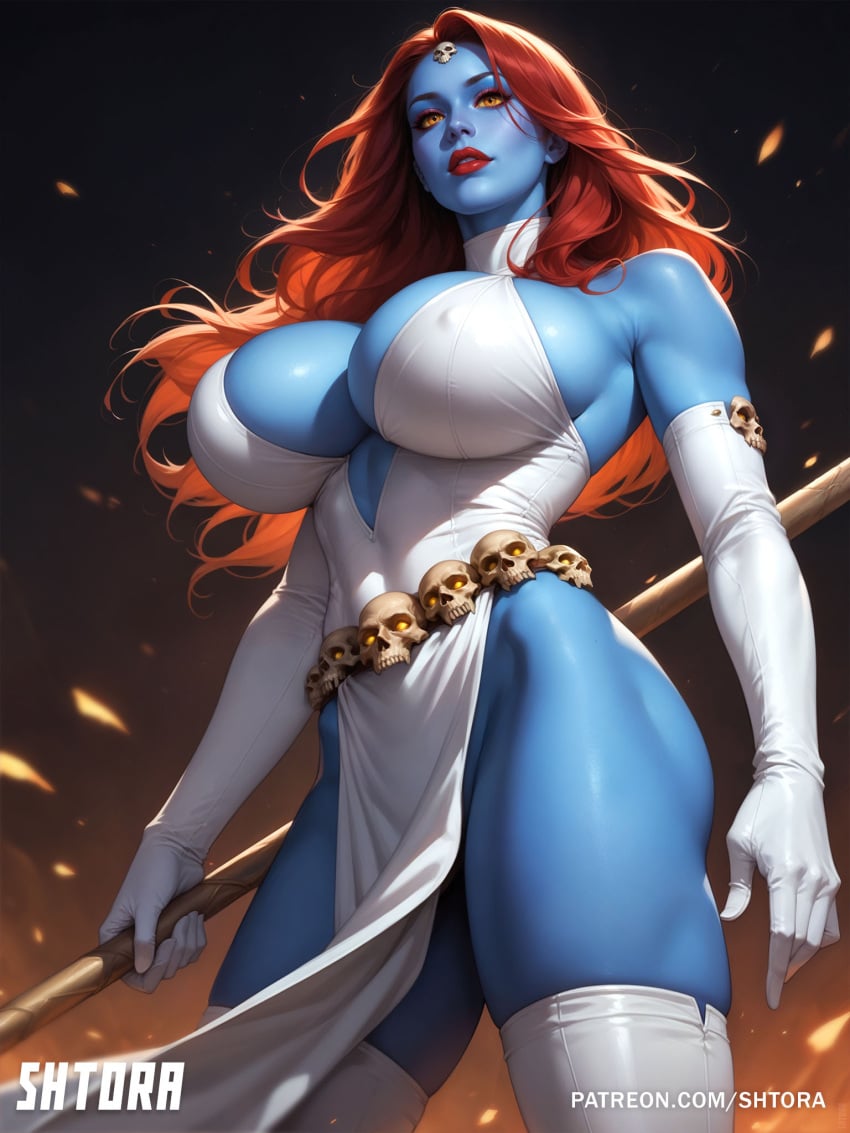 1girls abs ai_generated artist_name big_breasts blue_skin clothed gloves hips large_breasts lipstick long_gloves long_hair marvel marvel_comics mystique patreon_username raven_darkholme red_hair shtora skull skull_belt solo solo_female staff tabard thighhighs thighs watermark white_gloves x-men