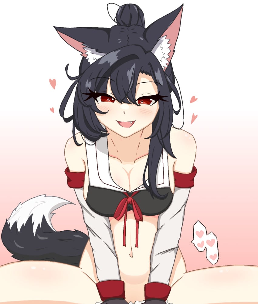 animal_ear_fluff animal_ears azur_lane black_bra black_hair bra cowgirl_position cum cum_in_pussy detached_sleeves female heart heart-shaped_pupils highres implied_sex internal_cumshot naughty_face red_eyes ribbon sbeve2004 sex shigure_(azur_lane) shigure_(retrofit)_(azur_lane) simple_background smile straddling symbol-shaped_pupils tail underwear vaginal_penetration white_sleeves