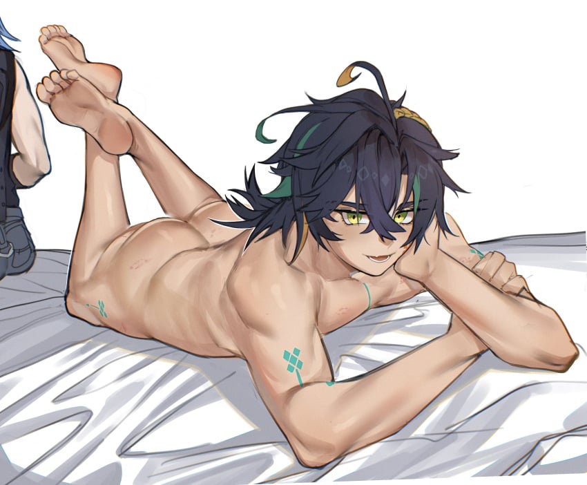 2boys absurdres arm_tattoo ass bana_gameg barefoot black_hair chest_tattoo completely_nude facial_mark feet genshin_impact green_eyes green_hair hair_between_eyes headband highres kinich_(genshin_impact) looking_at_viewer male_focus multicolored_hair multiple_boys nude open_mouth ororon_(genshin_impact) short_hair solo tattoo toes white_background