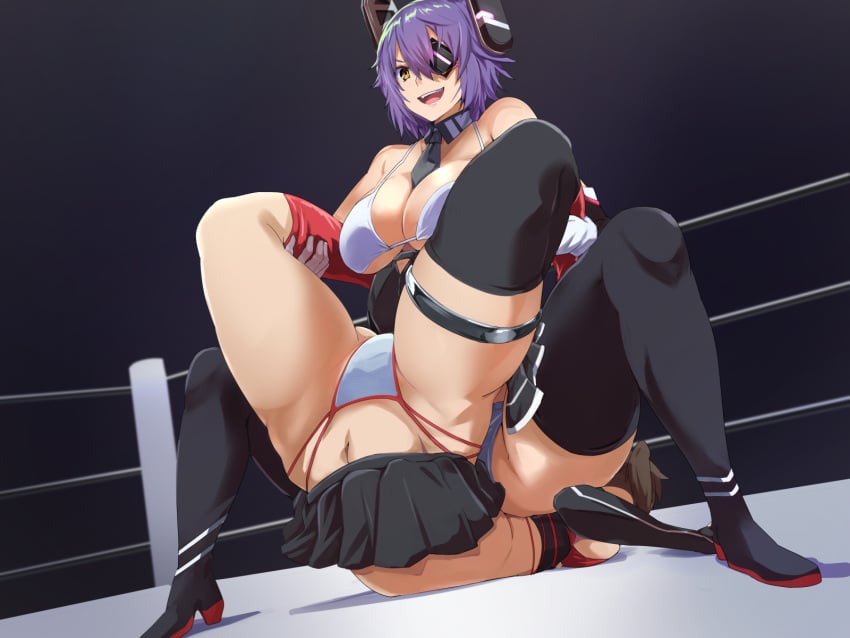 2girls 
tenryuu_(kantai_collection) ass_press bikini boots boston_crab boxing_ring breast_press breasts catfight cowgirl_position detached_sleeves evil_smile eyepatch femdom fighting highres jewelry kantai_collection large_breasts leg_grab moroheiya_(moroheiya-works) multiple_girls navel necktie on_floor open_mouth panties purple_hair ring sendai_(kantai_collection) short_hair sitting sitting_on_person skirt smile spread_legs submission swimsuit thighhighs underwear wrestling wrestling_ring yellow_eyes