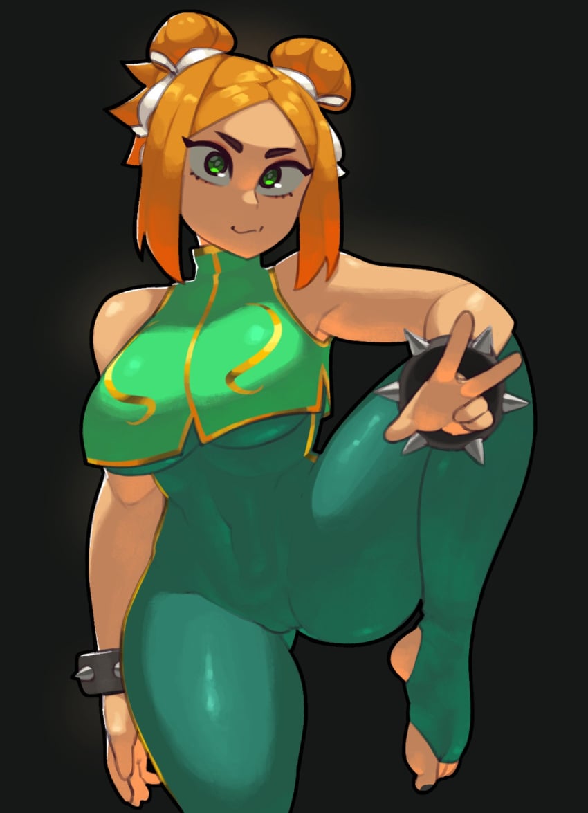 :3 belly belly_button big_boobs big_breasts big_thighs bodysuit boobs bracelet bracelets breasts buns cameltoe chun-li chun-li_(cosplay) ginger ginger_hair green_clothing green_eyes muscular muscular_female oc orange_hair original original_character peace_sign rayschera rosalia_(rayschera) smile spiked_bracelet thick_thighs thighs tight_clothing underboob voluptuous voluptuous_female