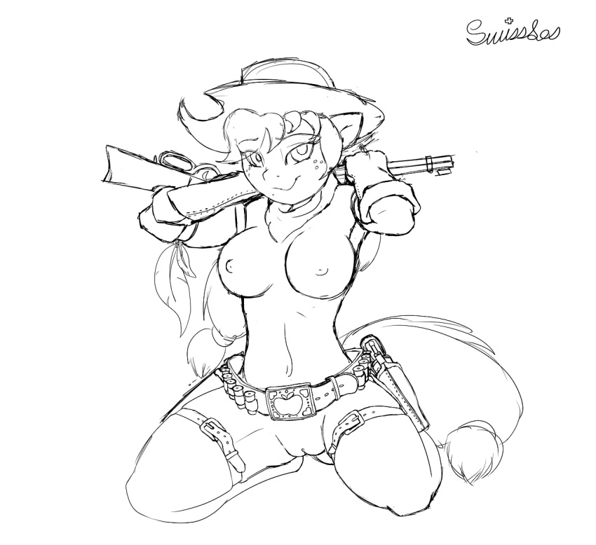 2014 anthro anthrofied applejack_(mlp) belt black_and_white breasts bullet bullets casual cowboy_hat equine female firearm friendship_is_magic gloves gun gunbelt handgun hat headwear holster horse kneeling legwear monochrome mostly_nude my_little_pony nipples nude pony pussy ranged_weapon revolver rifle sketch straight_hair swissleos tactical_nudity weapon winchester_rifle