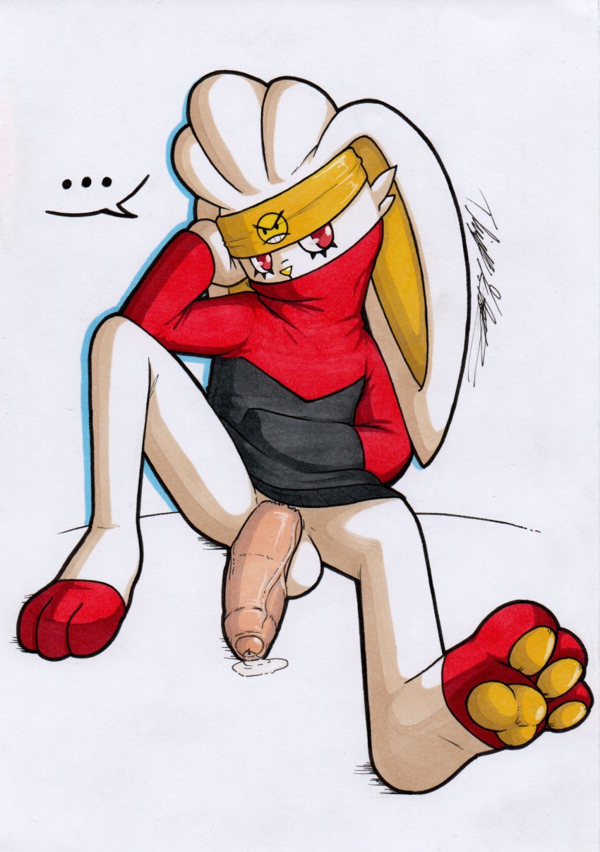 absurd_res anthro balls big_balls big_penis bodily_fluids clothing foreskin generation_8_pokemon genital_fluids genitals hi_res hoodie humanoid_genitalia humanoid_penis kerchief lagomorph male mammal nintendo penis pokemon pokemon_(species) raboot rotten_owl simple_background solo topwear traditional_media_(artwork) white_background white_body