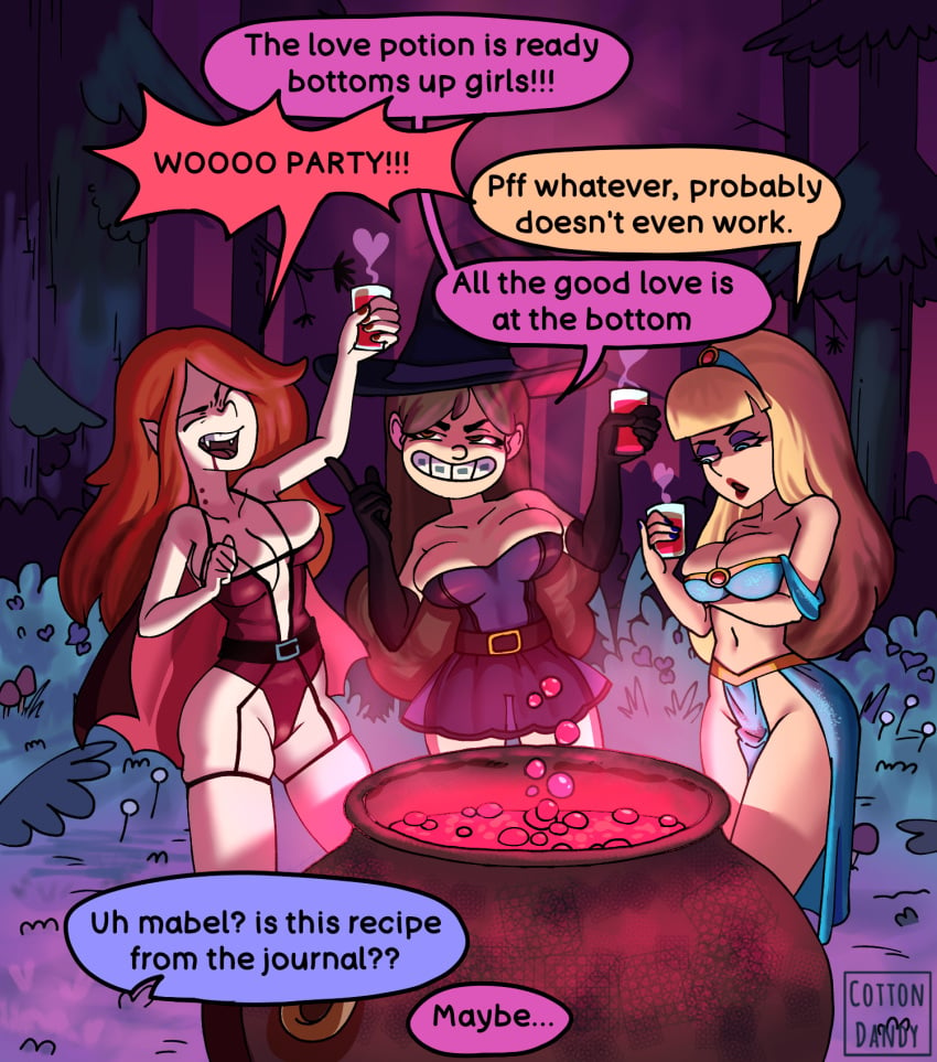 2d 2d_(artwork) 3girls arabian_clothes blonde_hair brown_hair costume cottondandy disney disney_channel evil_grin female female_only forest gravity_falls halloween looking_at_viewer mabel_pines magic makeup pacifica_northwest page_1 potion red_hair self_upload vampire wendy_corduroy witch