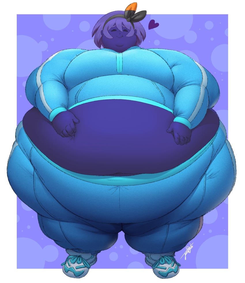 basic_background bea_(pokemon) big_belly big_breasts blue_hair blue_skin blueberry_inflation chubby closed_eyes hands_on_belly inflation jeetdoh midriff overweight pokemon pokemon_swsh tagme third-party_edit track_suit violet_beauregarde_(cosplay) weight_gain