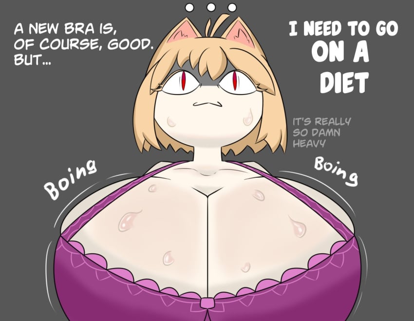 2024 2d anthro big_breasts bra bra_only breasts breasts_bigger_than_head cat_ears cat_eyes cat_girl embarrassed feline gojo_skull hands_behind_back large_breasts light_body light_skin melty_blood neco-arc pale_body pale_skin pink_bra red_eyes smug smug_face sweat text tsukihime type-moon white_body white_skin