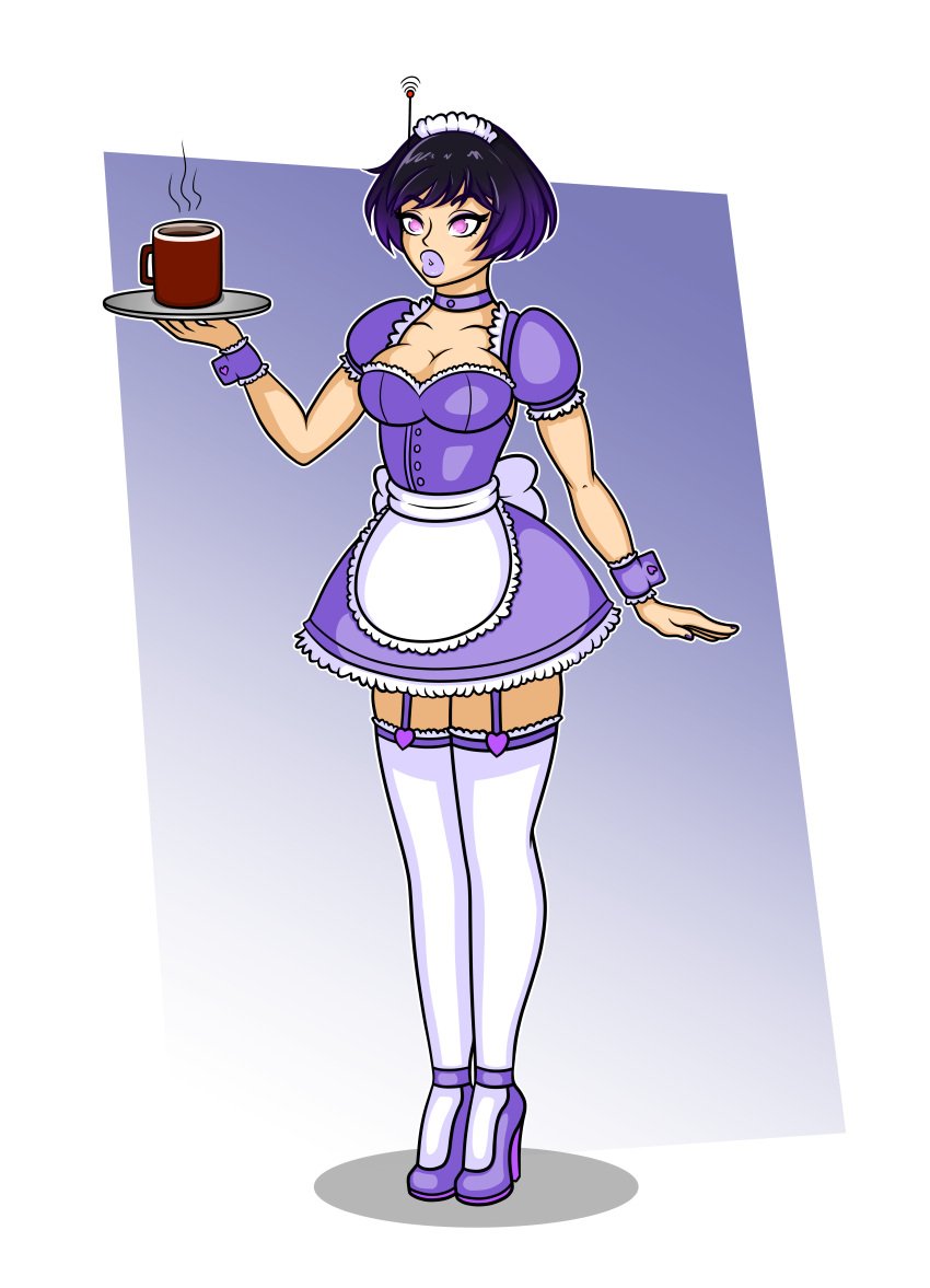 absolute_territory antenna apron big_lips bimbo_lips cleavage coffee coffee_mug dick_sucking_lips dress female female_only fully_clothed high_heels lipstick maid maid_apron maid_dress maid_headdress maid_outfit maid_uniform makeup mind_control minimedjed png purple_clothing serving_tray stockings story story_at_source story_in_description thick_lips thighhighs