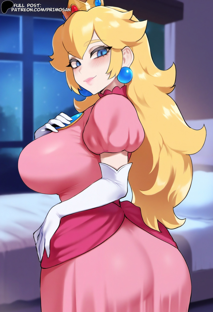 ai_generated ass big_breasts blonde_hair blue_eyes crown dress earrings from_behind hand_on_own_chest hi_res highres large_ass large_breasts long_hair looking_at_viewer looking_back mario_(series) pink_dress primosan princess_peach standing white_gloves