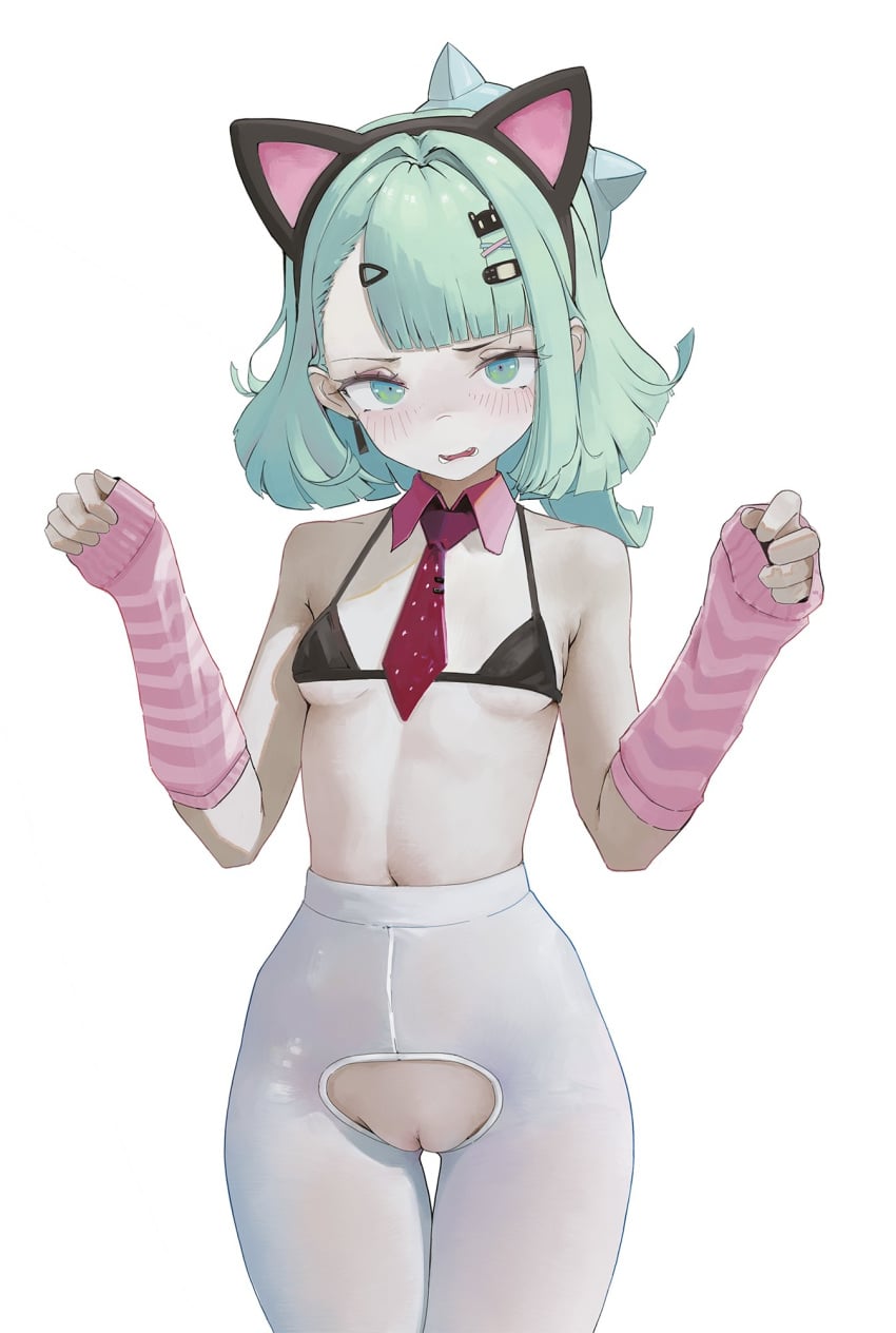 1girl angels_of_delusion animal_ears arm_warmers bare_shoulders bikini bikini_top_only black_bikini blush breasts cat_ears cleft_of_venus cowboy_shot crotchless crotchless_pantyhose detached_collar fake_animal_ears fat_mons green_eyes hair_ornament hairclip hands_up highres looking_at_viewer navel necktie open_mouth pale-skinned_female pale_skin pantyhose pussy red_necktie simple_background small_breasts solo striped_arm_warmers sunna_(zenless_zone_zero) swimsuit thigh_gap toraifu white_background white_pantyhose zenless_zone_zero