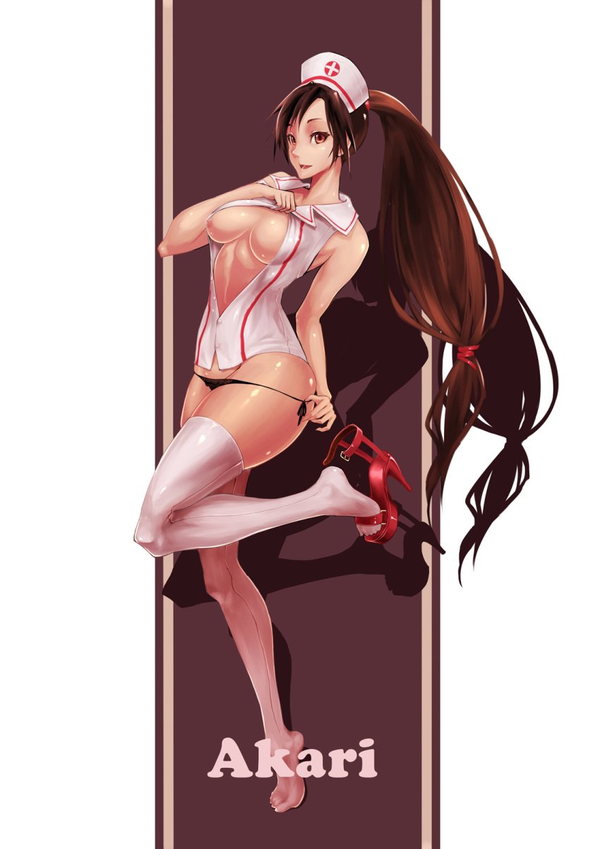 akali_jhomen_tethi bai_linqin black_panties breasts brown_eyes brown_hair female league_of_legends long_hair looking_at_viewer nipples nurse nurse_akali nurse_cap on_one_foot open_clothes panties ponytail side-tie_panties smile solo the_grind_series thighhighs tied_hair unbuttoned underwear white_legwear