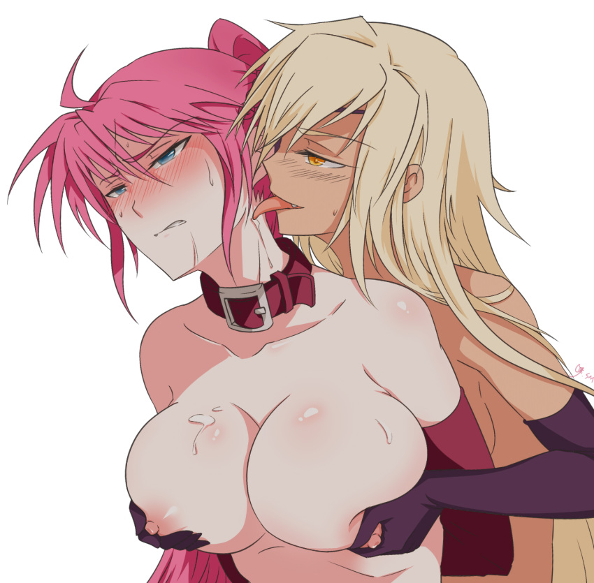 2girls blonde_hair blue_eyes blush breast_grab breasts collar cypha_of_huckebein dark_skin elbow_gloves female female_only gloves highres long_hair lyrical_nanoha mahou_senki_lyrical_nanoha_force multiple_girls nipples pink_hair ponytail signum sm318 sweat tied_hair very_long_hair white_background yellow_eyes yuri