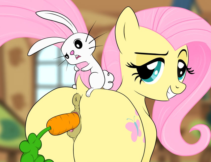 2014 angel_(mlp) anus carrot carrot_dildo cutie_mark equine female feral fluttershy_(mlp) friendship_is_magic fur hair half-closed_eyes high_resolution horse improvised_dildo inside lagomorph long_hair looking_at_viewer male mammal my_little_pony pink_hair pony pussy rabbit smile straight tachenoir tail_grab white_fur yellow_fur