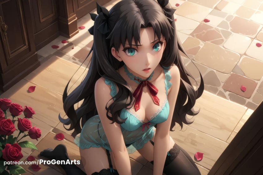 1girls ai_generated aqua_eyes artist_name babydoll bare_shoulders black_hair black_thighhighs blue_eyes bow breasts choker cleavage collarbone fate/stay_night fate_(series) female flower garter_belt garter_straps hair_ribbon hairbow hi_res kneeling lingerie long_hair looking_at_viewer medium_breasts panties parted_bangs parted_lips patreon_username petals progenarts red_flower red_ribbon red_rose ribbon rose rose_petals see-through solo thighhighs tohsaka_rin two_side_up underwear