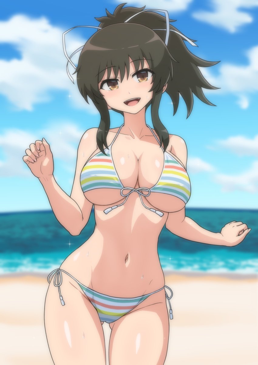 asuka_(senran_kagura) beach bikini black_hair blue_sky blurry blurry_background breasts brown_eyes cameltoe cleavage cloud day female front-tie_bikini_top front-tie_top gluteal_fold hair_ribbon halterneck highres kinnan large_breasts long_hair looking_at_viewer multicolored_bikini multicolored_stripes navel ocean open_mouth outdoors ponytail rainbow_bikini revision ribbon senran_kagura senran_kagura_shoujo-tachi_no_shin&#039;ei short_ponytail side-tie_bikini_bottom sidelocks sky solo string_bikini striped_bikini striped_clothes swimsuit white_ribbon