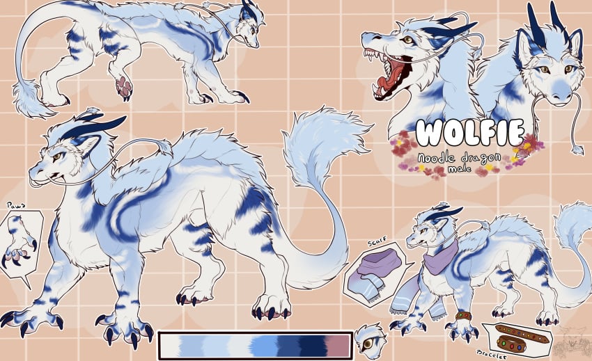 absurd_res animal_genitalia barbel_(anatomy) claws color_swatch dragon eastern_dragon fangs feral flesh_whiskers fur furred_dragon furred_scalie genitals hi_res horn kasicz male model_sheet mythological_creature mythological_scalie mythology open_mouth pawpads paws quadruped scalie scarf sheath solo tail teeth wolfie-feral