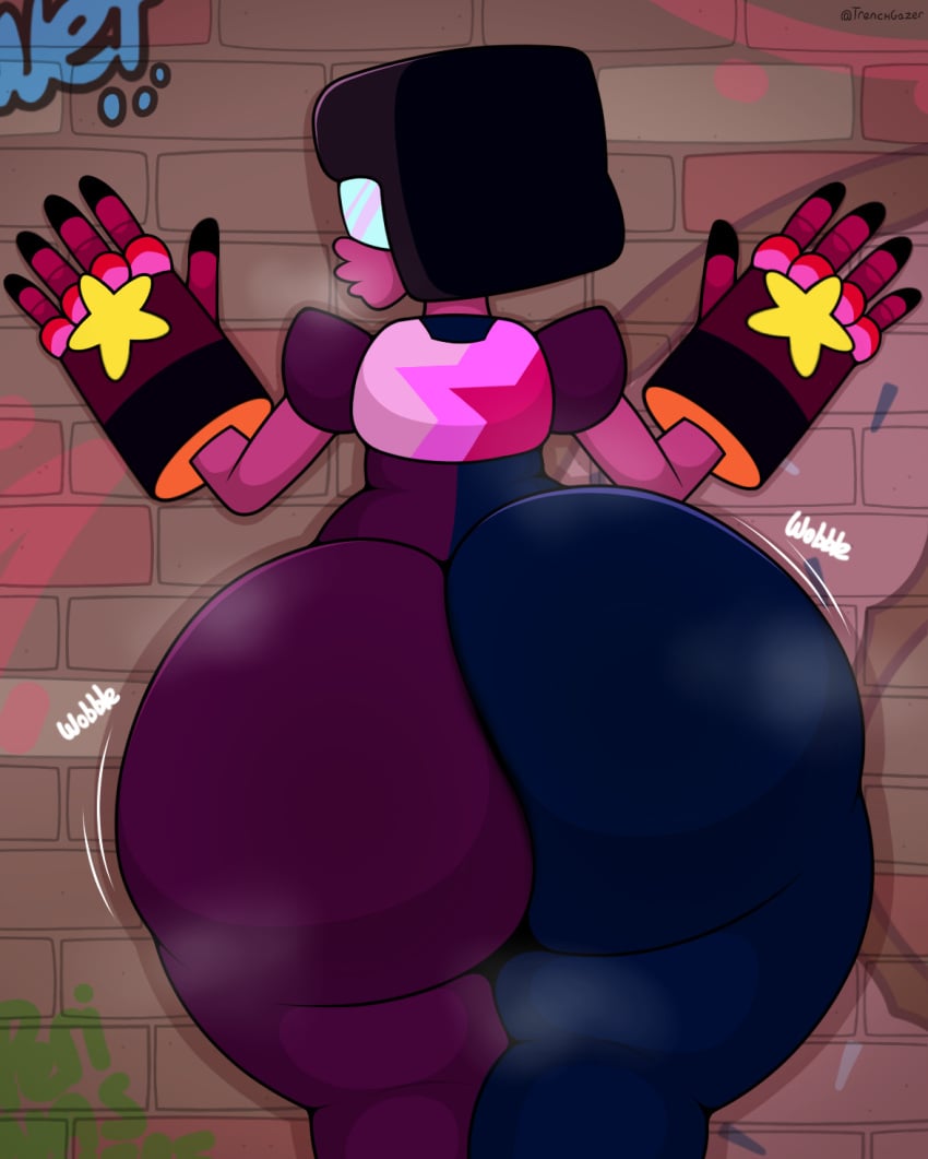 1girls against_wall ass big_ass black_hair bottom_heavy brick_wall bubble_butt clothing dat_ass fat_ass female female_only garnet_(steven_universe) gauntlets gem_(species) gluteal_fold graffiti graffiti_on_wall huge_ass large_ass looking_at_viewer looking_back massive_ass musk musk_clouds png red_skin solo steven_universe thick_ass thick_thighs thunder_thighs trenchgazer visor wide_hips wobbling_ass