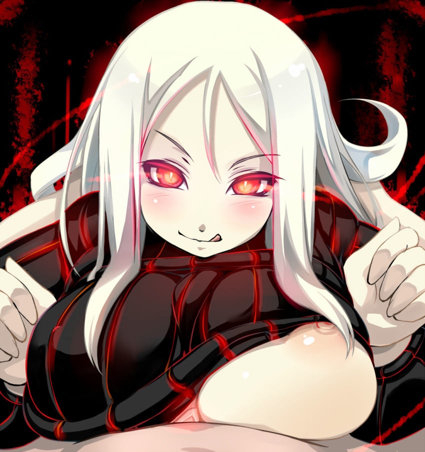 blush breasts energy_drain female femdom glowing glowing_eyes kantai_collection large_breasts long_hair looking_at_viewer male nipples paizuri pale_skin penis personification red_eyes ribbed_sweater shiki_(psychedelic_g2) shinkaisei-kan smile solo_focus straight sweater ta-class_battleship white_hair