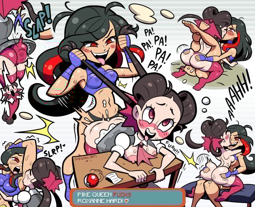 2025 2girls ahe_gao armpit_licking ass ass_slap bent_over blank_background blush clothed_sex desk digsaw_arts female/female gym_leader hair_pulling hair_ribbon hair_streak kissing lucy_(pokemon) making_out pokemon red_eyes ribbon roxanne_(pokemon) sex_on_desk spanking strap-on strap-on_sex sweat sweating sweaty sweaty_body text_box tongue_out white_background yuri
