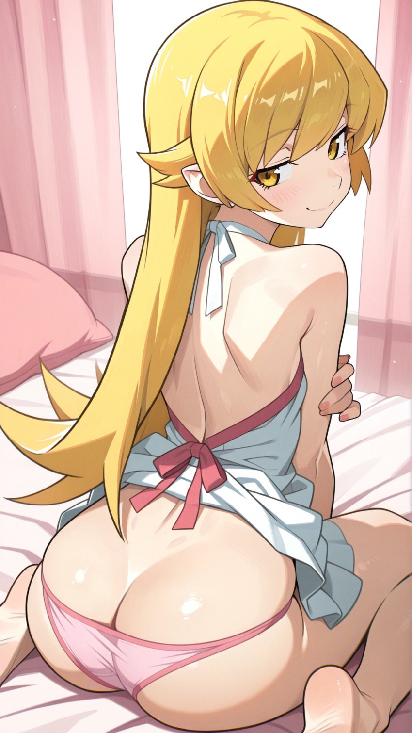 ai_generated anime ass backless_dress bare_shoulders bed bedroom blonde_hair blush focus kinkyfuel looking_back monogatari_(series) open_clothes oshino_shinobu panties pink_panties sitting solo suggestive yellow_eyes