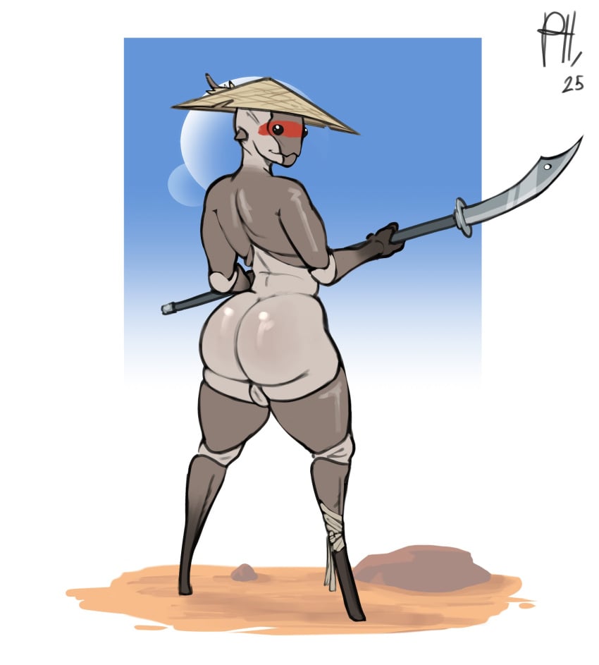 alien alien_humanoid asian_conical_hat ass backsack balls bandage bandaged_foot beady_eyes big_butt blue_sky bodypaint clothing colored desert desert_background digital_drawing_(artwork) digital_media_(artwork) face_paint genitals hat headgear headwear hi_res hiver_(kenshi) holding_object holding_weapon huge_butt humanoid kenshi light lighting looking_at_viewer male nude perfecthorizon rear_view shaded signature simple_background sky smile solo thin_calves thin_legs two_moons weapon wide_hips