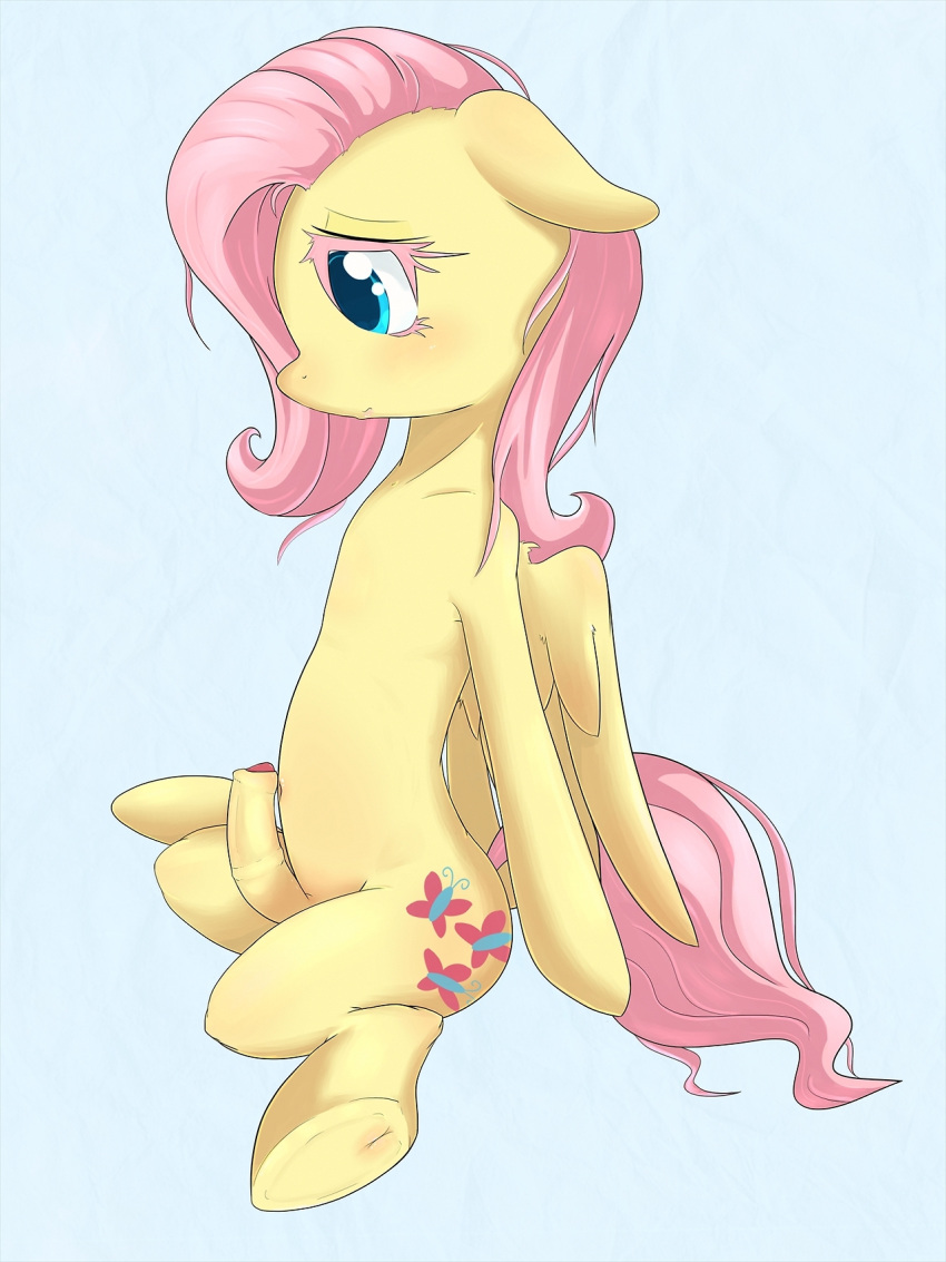 2014 blue_background blue_eyes cutie_mark dickgirl equine feral fluttershy_(mlp) friendship_is_magic fur hair horse horsecock intersex mammal my_little_pony pegasus penis pink_hair plain_background pony solo wings yellow_fur zokkili