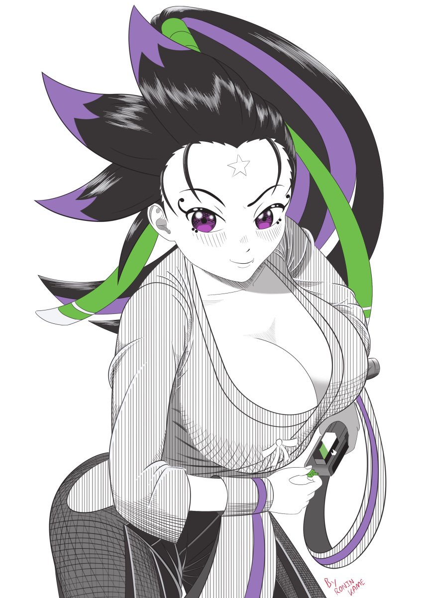 beyblade beyblade_x big_breasts black_hair breasts clothed cum green_highlights monochrome purple_highlights ronin_kame shiroboshi_tenka solo spot_color