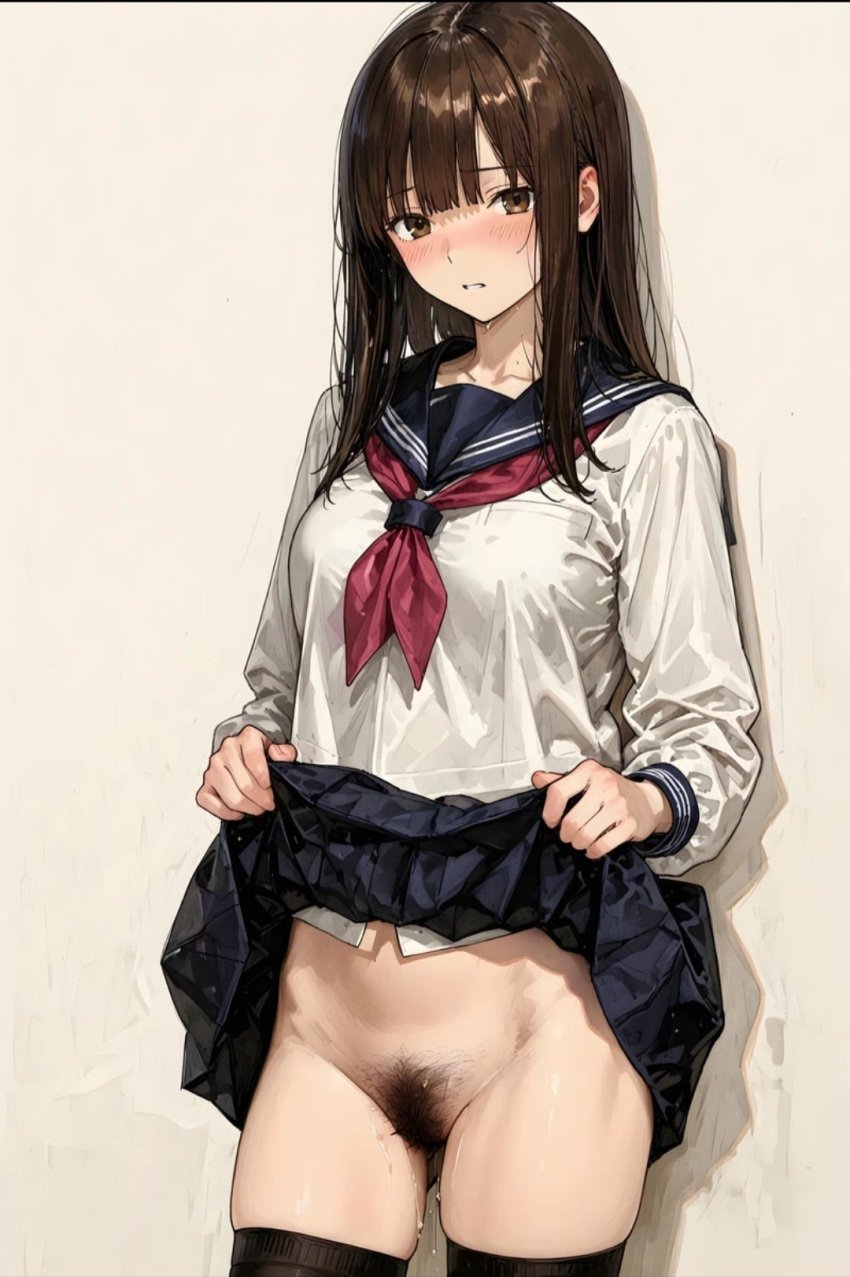 1girls female female_only female_pubic_hair hairy_pussy long_hair original pubic_hair school_uniform solo unshaved_pussy wet without_panties
