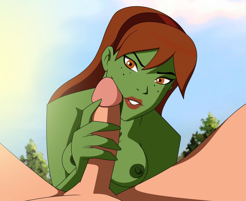 alien breasts brown_hair dc dc_comics dcau earth_16 female freckles green_nipples green_skin headband human interspecies lips male martian miss_martian orange_eyes pov randomrandom young_justice