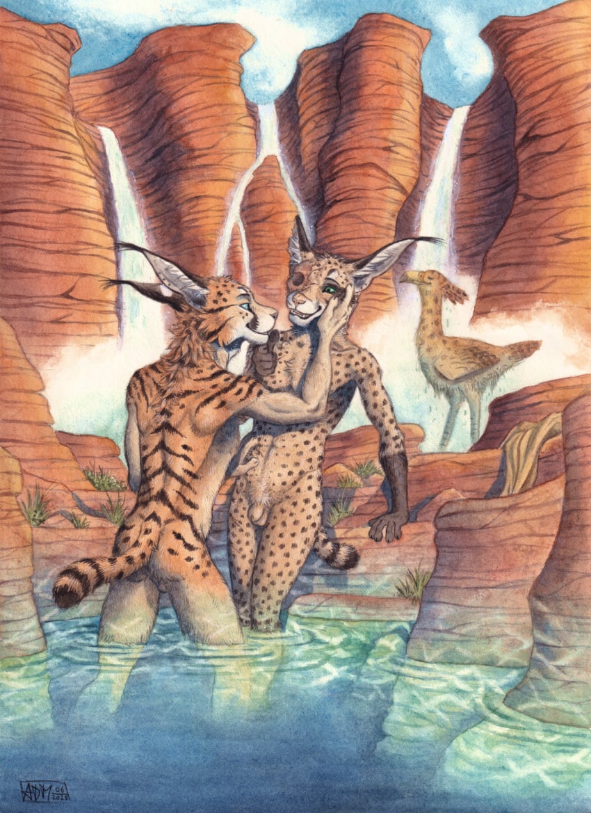 0laffson 2025 5_fingers anthro arm_support ass avian azad_(0laffson) backsack balls biceps biped bird black_pawpads black_spotted_fur black_text blue_eyes blue_sky canon_couple canyon caracal caracal_(genus) cariamiform cheek_tuft chest_tuft claws clothing cloud colored crotch_lines desert detailed_background disability discarded_clothing duo ear_piercing ear_ring ear_tuft eye_contact eye_socket facial_scar facial_tuft fangs feathered_crest feathers felid feline finger_claws fingers fur genitals glistening gloves_(marking) grass green_eyes hand_on_partner hand_on_partner's_head hand_under_chin head_crest hi_res inner_ear_fluff lgbt_pride long_ears looking_at_another love lynx male male/male male_anthro mammal markings missing_eye multicolored_body multicolored_fur navel neck_muscles neck_tuft nude nude_anthro nude_male nur_(0laffson) oasis open_mouth outdoor_nudity outside painting_(artwork) partially_submerged pawpads penis piercing pink_nose plant pool poolside prehistoric_species reflection ring_piercing river rock romantic romantic_couple scar shaded short_tail signature sky slim_anthro slim_male smile snout snout_scar social_nudity soft_abs spots spotted_arms spotted_body spotted_butt spotted_face spotted_feathers spotted_fur spotted_legs spotted_markings spotted_tail striped_back striped_body striped_cheeks striped_fur striped_markings striped_tail stripes tail tail_markings tan_body tan_fur tara_(0laffson) teeth teeth_showing terror_bird text tongue traditional_media_(artwork) tuft ventral_groove water water_drop water_reflection watercolor_(artwork) waterfall white_inner_ear_fluff year