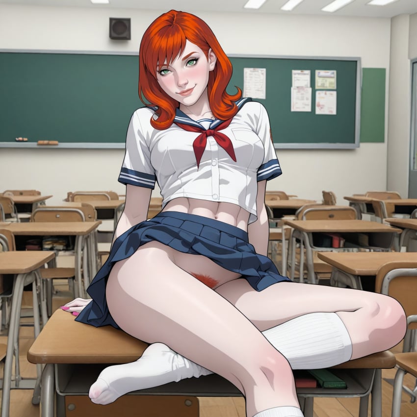 1girls abs ai_generated belly belly_button blackboard blue_sailor_collar blue_skirt blush chalkboard classroom crop_top crop_top_overhang cropped_shirt desk erect_nipples erect_nipples_under_clothes eyebrows female female_only ginger green_eyes jean_grey kneehighs legs legs_spread looking_at_viewer marvel marvel_comics medium_breasts miniskirt muscle_tone muscles neckerchief no_panties no_panties_under_skirt on_desk painted_nails pale_skin pink_nails pleated_skirt protocat pubic_hair red_hair red_neckerchief red_pubic_hair rogue-like:evolution_(game) sailor_collar sailor_uniform school school_uniform schoolgirl serafuku shirt short short_sleeves skirt skirt_lift slender_body slender_legs smile smiling_at_viewer smooth_skin socks solo solo_female toned toned_female white_body white_kneehighs white_legwear white_shirt x-men x-men_evolution