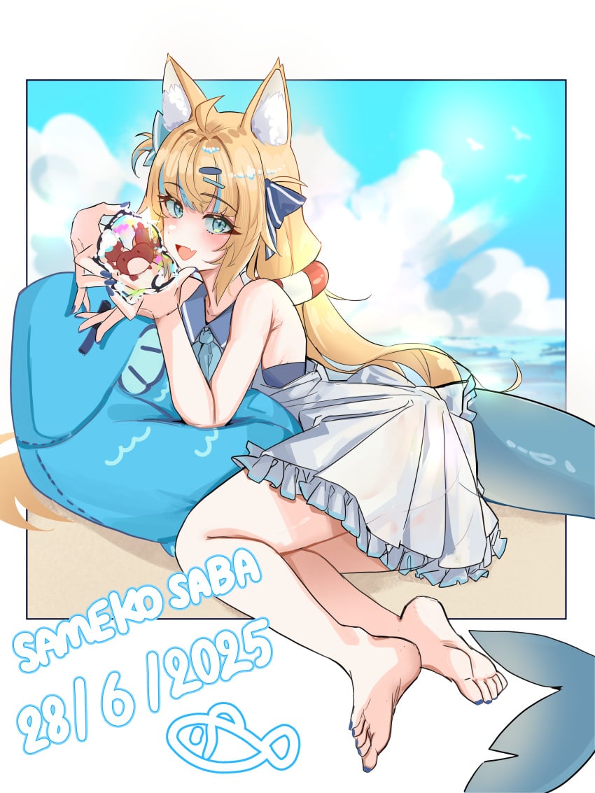 beach blonde_hair cat_ears crab dress furry sameko_saba shark_tail swimwear virtual_youtuber