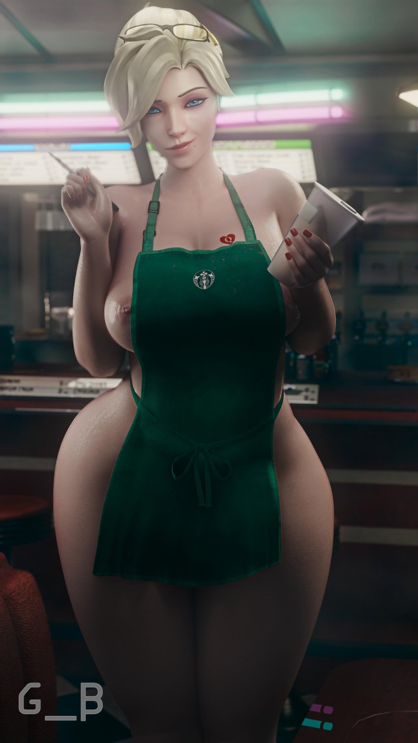 1girls 3d absurdres apron artist_logo blizzard_entertainment blonde_hair blue_eyes exposed_nipple feet_out_of_frame female female_only generalbutch glasses glasses_on_head holding_object indoors mercy nail_polish naked_apron nipple_slip overwatch queen_of_hearts red_nail_polish solo source_request standing starbucks voluptuous