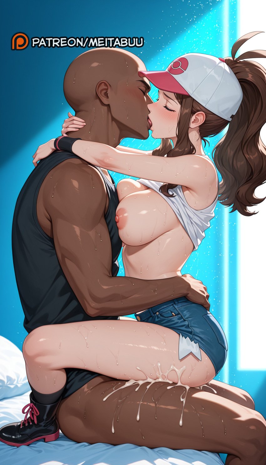 1boy ai_generated alternate_breast_size arms_around_neck bald bare_shoulders baseball_cap black_footwear blue_shorts blush boots breasts breasts_out brown_hair closed_eyes clothed_female_nude_male clothed_sex clothes_lift cowgirl_position cum cum_in_pussy cum_overflow cutoffs dark-skinned_male dark_skin denim denim_shorts faceless faceless_male female french_kiss from_side hair_through_headwear hat high_ponytail hilda_(pokemon) hug indoors interracial kissing large_breasts light_particles long_hair manly meitabuu muscular nintendo nipples on_bed pokemon ponytail profile saliva sex shirt shirt_lift short_shorts shorts sidelocks sitting sitting_on_lap sitting_on_person sleeveless sleeveless_shirt socks straddling straight sweat tank_top thighs tongue tongue_out upright_straddle white_headwear white_shirt white_tank_top wristband