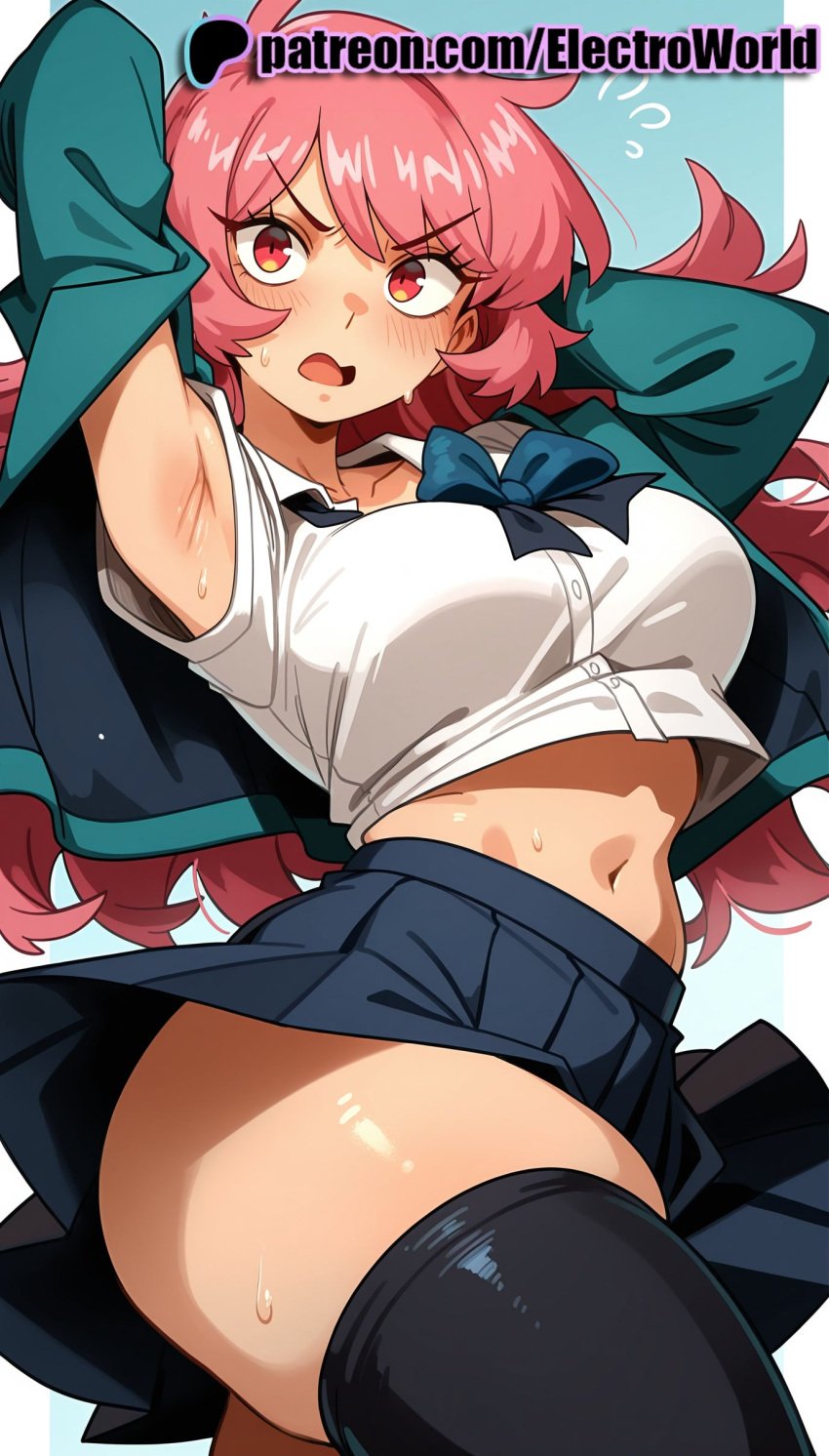 1girls 2025 ai_generated armpits artist_name blue_bow bow electroworld female hi_res high_quality high_resolution highres jacket long_hair navel open_mouth patreon patreon_username pink_hair remi_(unordinary) skirt stable_diffusion sweat thighhighs unordinary watermark
