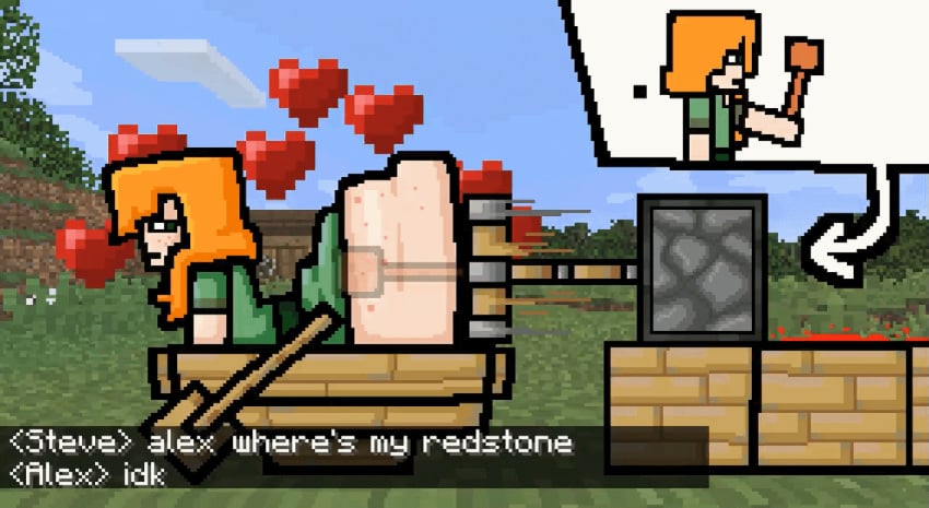 ._. 1female 1girls alex_(minecraft) amysteriousmr anal anal_insertion anal_sex animated ass big_ass big_butt chat_box expressionless expressionless_sex freckles freckles_on_ass green_eyes green_shirt heart heart_symbol internal internal_view java looking_back minecraft on_fours orange_hair penetration piston_(minecraft) solo solo_female solo_focus steve_(minecraft) sticky_piston text thinking x-ray