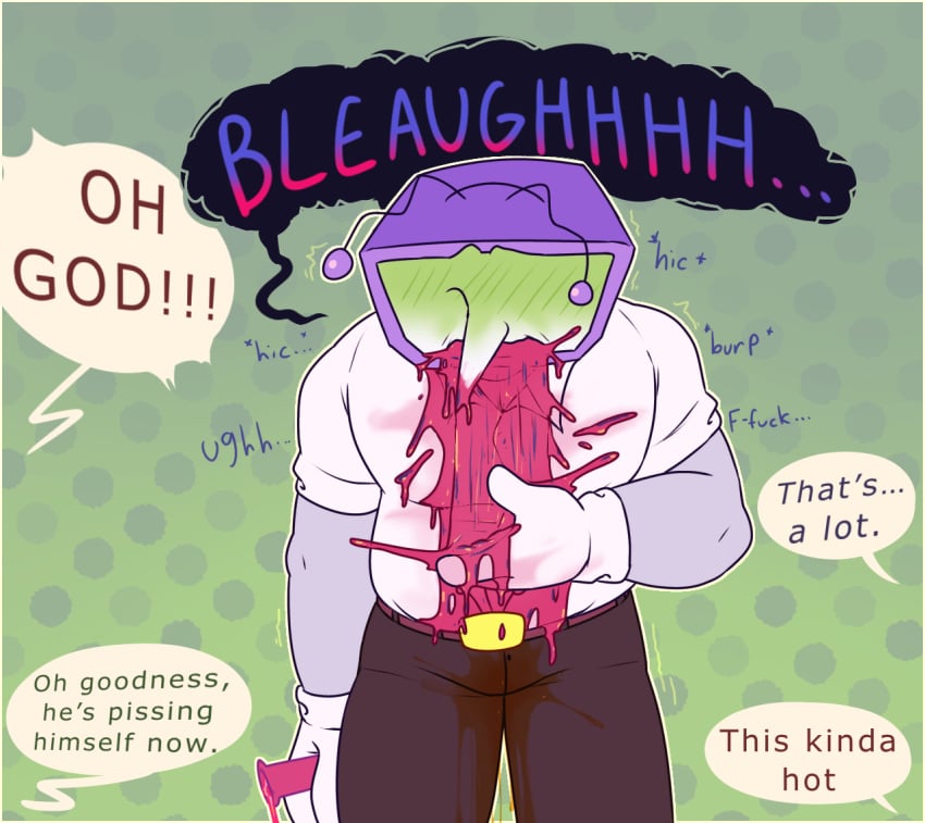 bulge cl0ckability deltarune digital_media_(artwork) drunk male onomatopoeia peeing piss puke sequence sick slightly_chubby_male tenna_(deltarune) urine vomit
