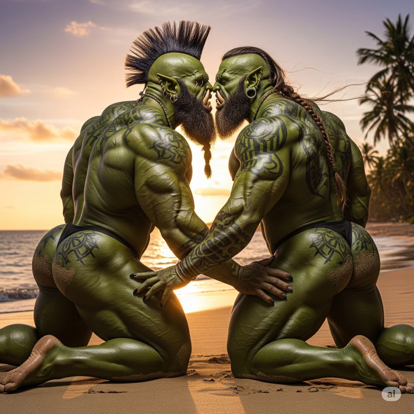 ai_generated ass beach beard black_beard black_hair green green_body green_skin male male_only muscles muscular muscular_male orc orc_male piercing piercings sand sea tattoo tattoos water