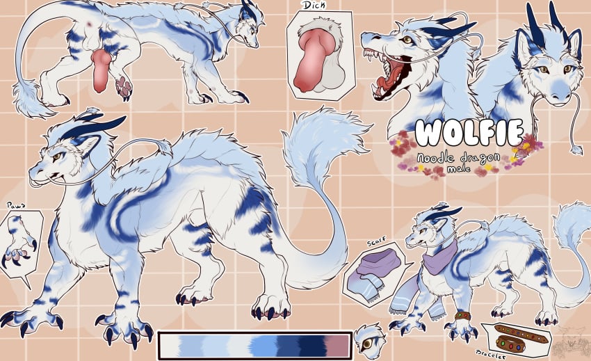 absurd_res animal_genitalia animal_penis anus backsack balls barbel_(anatomy) canine_genitalia canine_penis claws color_swatch dragon eastern_dragon erection fangs feral flesh_whiskers fur furred_dragon furred_scalie genitals hi_res horn kasicz knot male model_sheet mythological_creature mythological_scalie mythology open_mouth pawpads paws penis quadruped scalie scarf solo tail teeth wolfie-feral