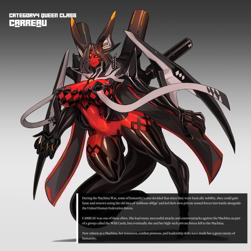absurdres arms_at_sides black_cape black_sclera black_thighhighs body_modification breast_curtains breasts cape claws cleavage closed_mouth colored_sclera colored_skin corruption covered_nipples covered_pussy cyborg english_text eyes_visible_through_hair female full_body glowing_horns gradient_background hair_between_eyes high_heels highres horns large_breasts light_smile long_hair mechanization original outstretched_arms platinum1945 red_skin red_trim robot robot_ears standing standing_on_one_leg tail thighhighs third_eye third_eye_on_chest yellow_eyes