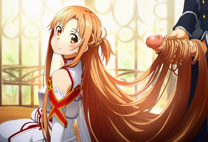 ai_generated asuna clothed_female_nude_male female hairjob novelai sword_art_online very_long_hair