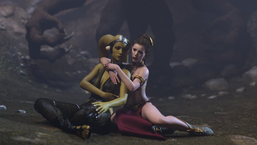 2girls 3d acceptance alexbridger belly_dancer belly_dancer_outfit boots braided_hair brown_eyes brown_hair cave dancer enslaved_royal green_skin harem harem_girl harem_outfit imminent_vore jabba's_palace large_breasts loincloth long_hair oola princess_leia_organa rancor rancor_pit sandals slave slave_bikini slave_collar slave_leia slave_outfit slavegirl star_wars twi'lek