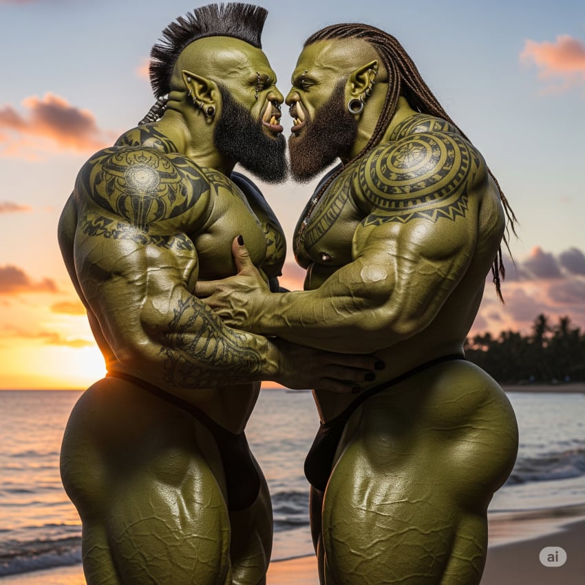 ass beach beard black_beard black_hair green green_body green_skin male_only muscles muscular muscular_male orc orc_male piercing piercings sand sea tattoo tattoos water