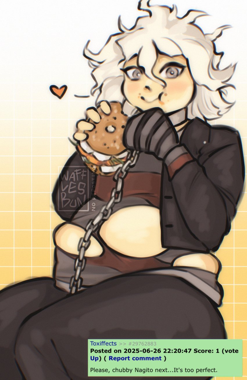 bagel chubby chubby_cheeks chubby_male clothes_ripping cute danganronpa danganronpa_2:_goodbye_despair eating eating_food fat fat_fetish fetish heart komaeda_nagito looking_at_viewer male_only nagito_komaeda servant_(danganronpa) smiling_at_viewer thick_thighs wafflesbun weight_gain