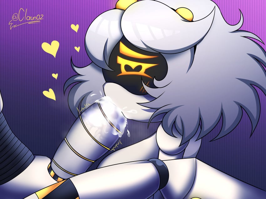 blowjob claun02 cum cum_in_mouth cumming_in_mouth glitch_productions heart_eyes male/female murder_drones n_(murder_drones) robot/robot robot_boy robot_girl serial_designation_n serial_designation_v short_hair v_(murder_drones) yellow_eyes